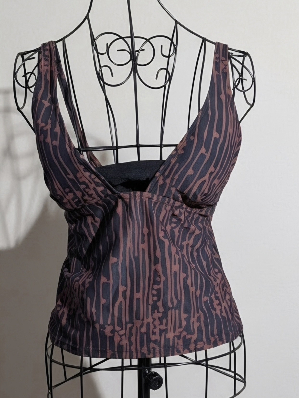 Perry Ellis V-Neck Patterned Tank Bathing Suit Top in Brown and Black